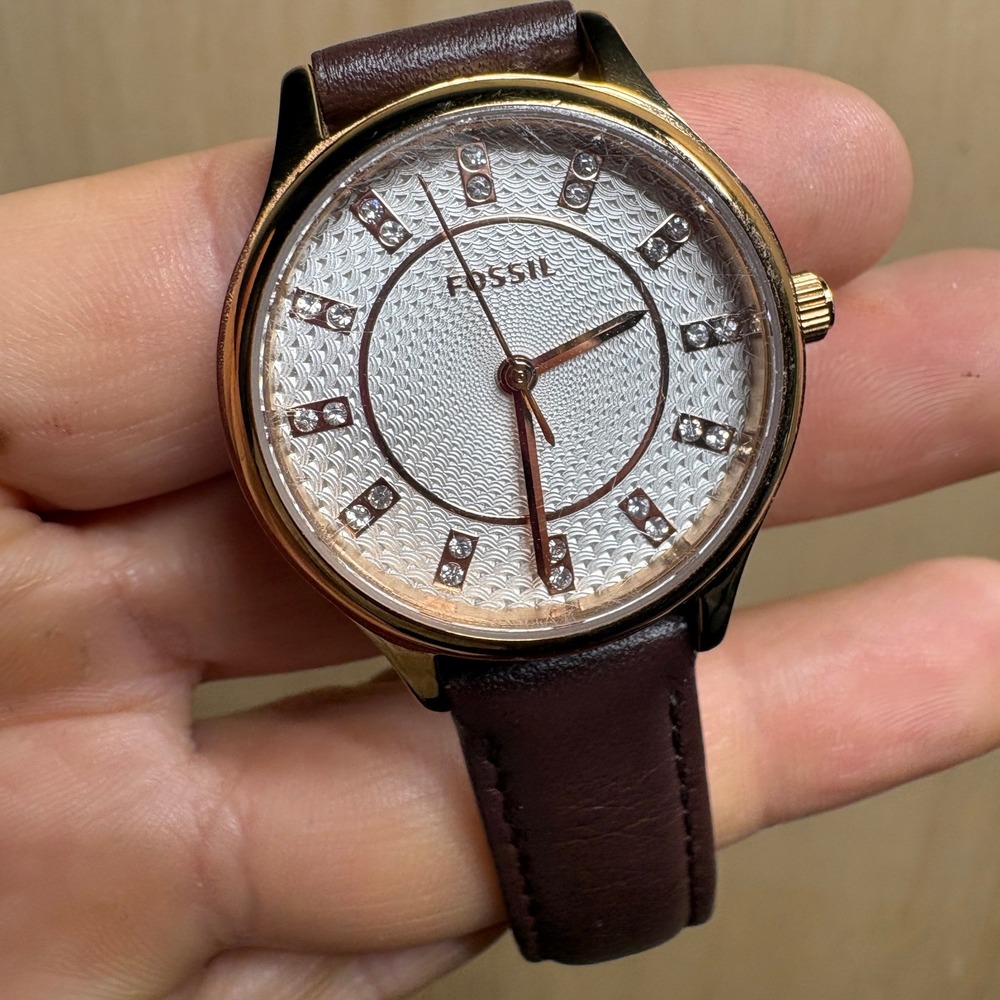 Fossil BQ1577 Rhett Rose Gold Tone Brown Leather Crystal Marker Women Watch